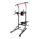 Multi-function power tower workout station with black and red frame, pull-up bar, and bench