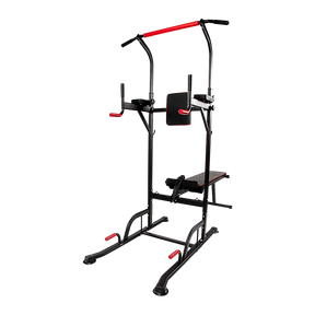 Multi-function power tower workout station with black and red frame, pull-up bar, and bench