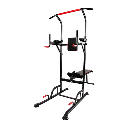 Multi-function power tower workout station with black and red frame, pull-up bar, and bench