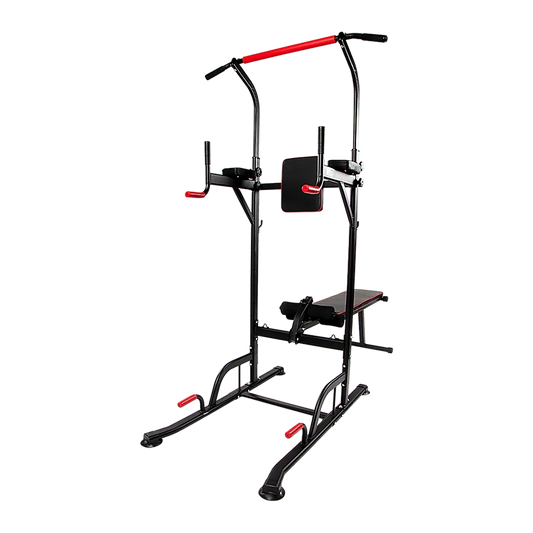 Multi-function power tower workout station with black and red frame, pull-up bar, and bench