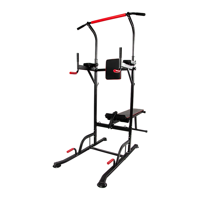 Multi-function power tower workout station with black and red frame, pull-up bar, and bench