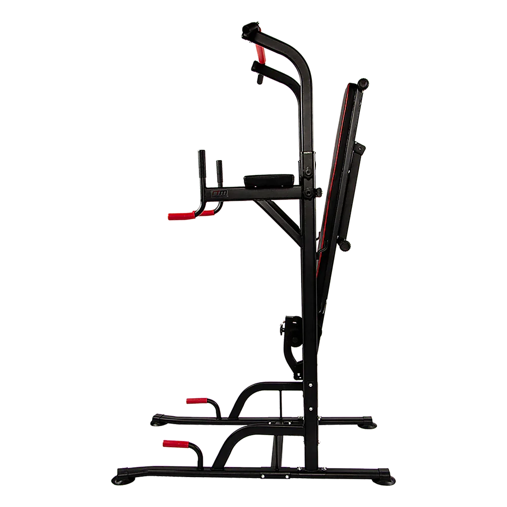 Folded black and red multi-functional power tower home gym equipment on black background