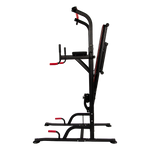 Folded black and red multi-functional power tower home gym equipment on black background