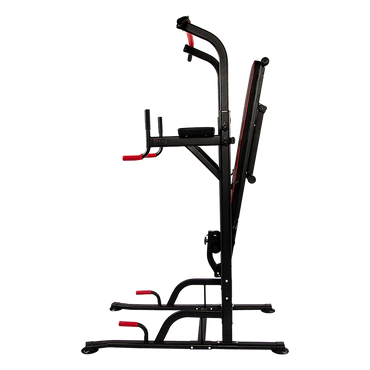 Folded black and red multi-functional power tower home gym equipment on black background