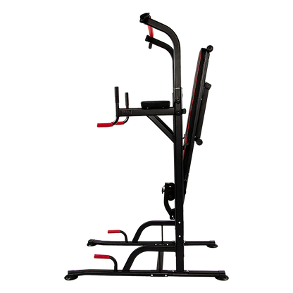 Folded black and red multi-functional power tower home gym equipment on black background