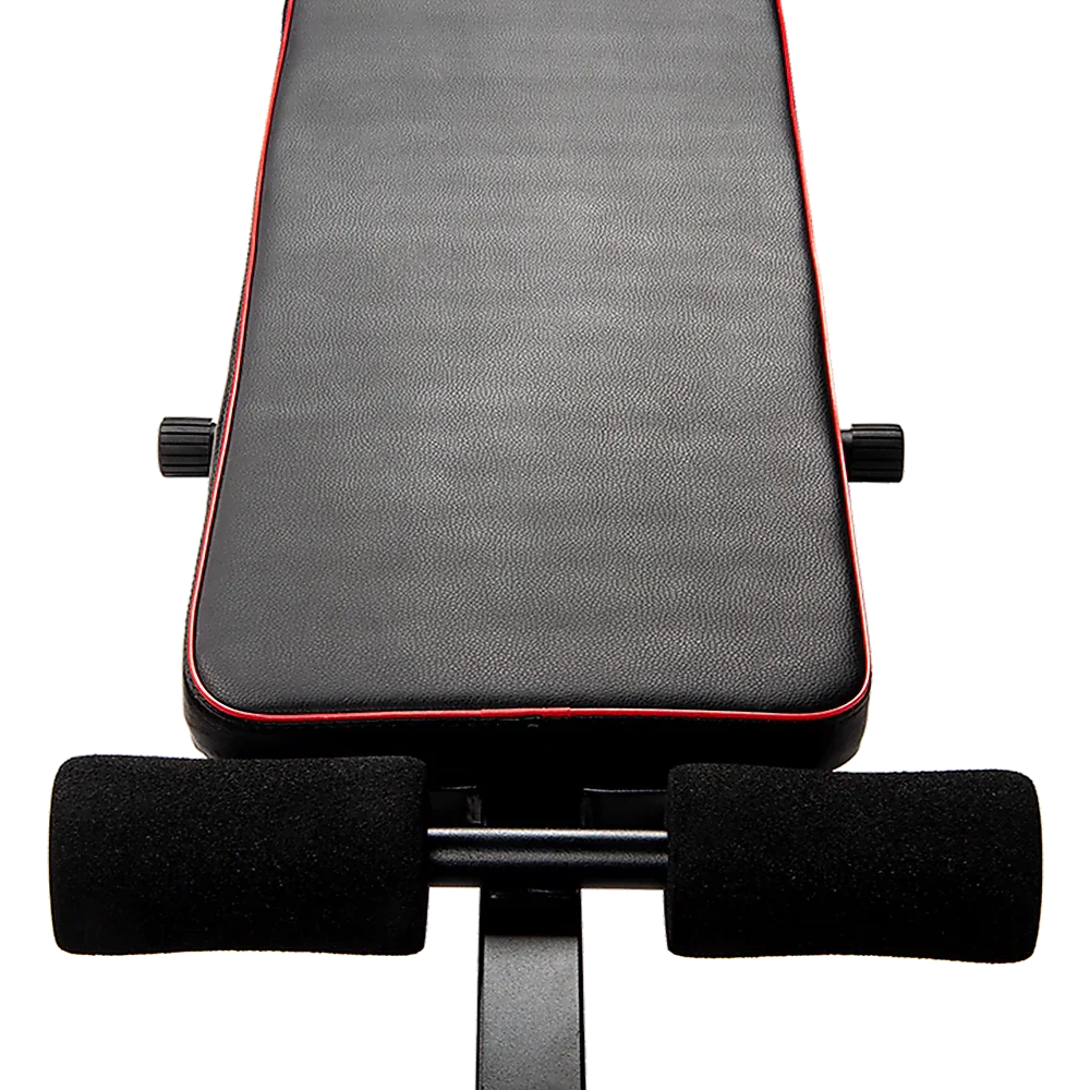 Adjustable weight bench seat with black padding and red trim for home gym workouts
