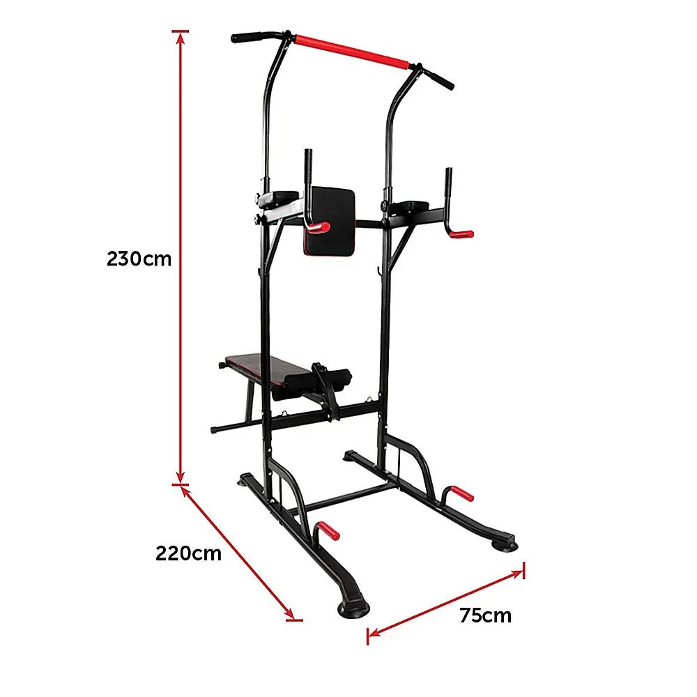 Black and red power tower pull-up and dip station with bench, dimensions 230x220x75 cm