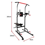 Black and red power tower pull-up and dip station with bench, dimensions 230x220x75 cm