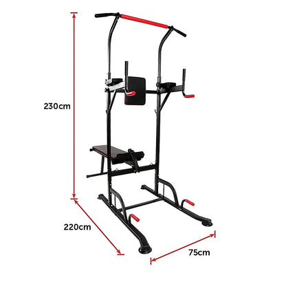 Black and red power tower pull-up and dip station with bench, dimensions 230x220x75 cm