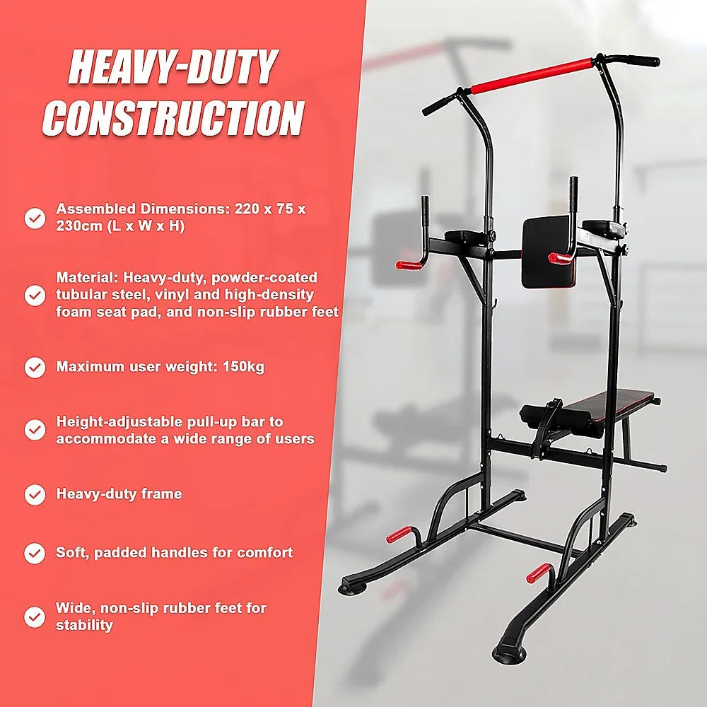 Heavy-duty power tower pull-up and dip station with padded handles, bench, and steel frame