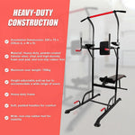 Heavy-duty power tower pull-up and dip station with padded handles, bench, and steel frame