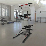 Multifunction power tower workout station in a modern gym with weights and benches