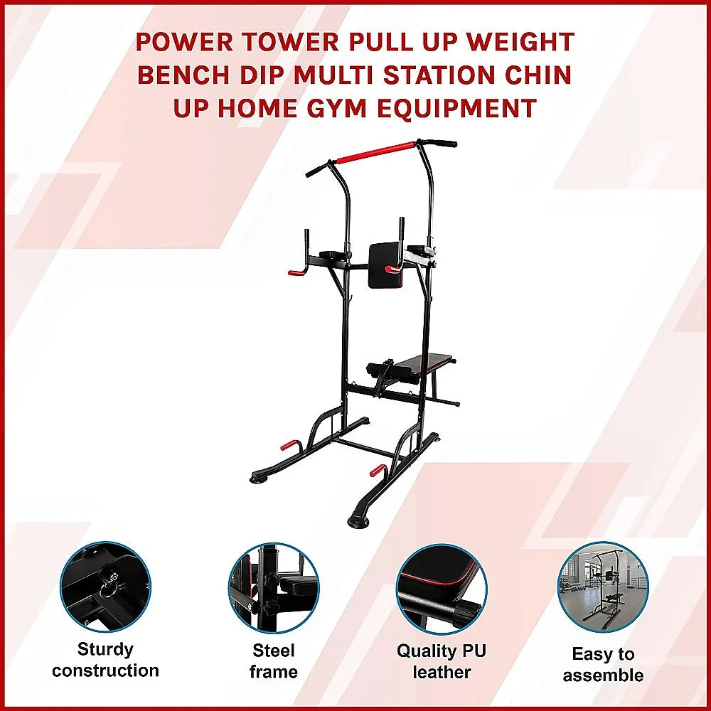 Multi station power tower pull up dip chin up bench for home gym, steel frame, sturdy design