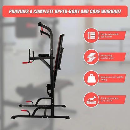 Power tower home gym equipment with pull-up bar, dip station, and red accents, features listed.