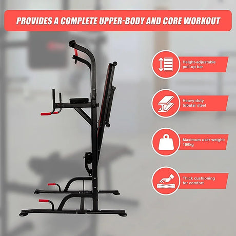 Power tower home gym equipment with pull-up bar, dip station, and red accents, features listed.
