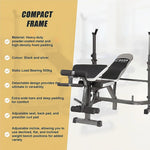 Adjustable black and silver weight bench with compact frame and comfort padding features