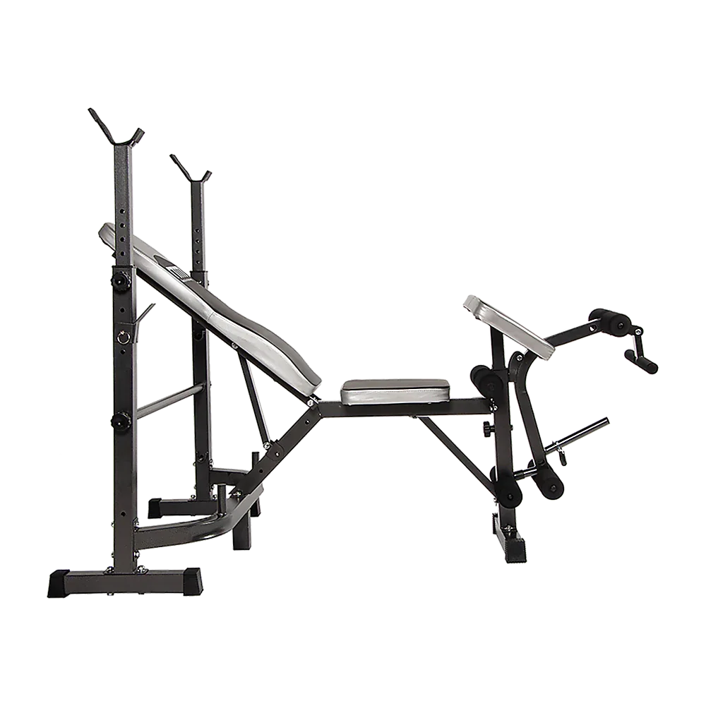 Adjustable weight bench and squat rack gym equipment on black background
