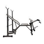 Adjustable weight bench and squat rack gym equipment on black background