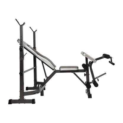 Adjustable weight bench and squat rack gym equipment on black background