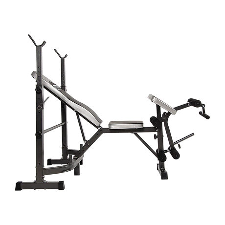 Adjustable weight bench and squat rack gym equipment on black background