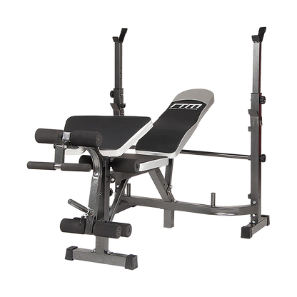 Adjustable weight bench with leg extension and squat rack for home gym workouts