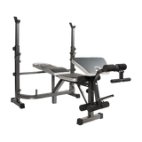 Adjustable weight bench with leg developer and preacher curl pad for home gym workouts