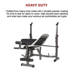 Heavy-duty adjustable weight bench with high-density foam padding and wide bars, gym equipment