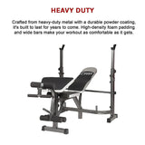 Heavy-duty adjustable weight bench with high-density foam padding and wide bars, gym equipment