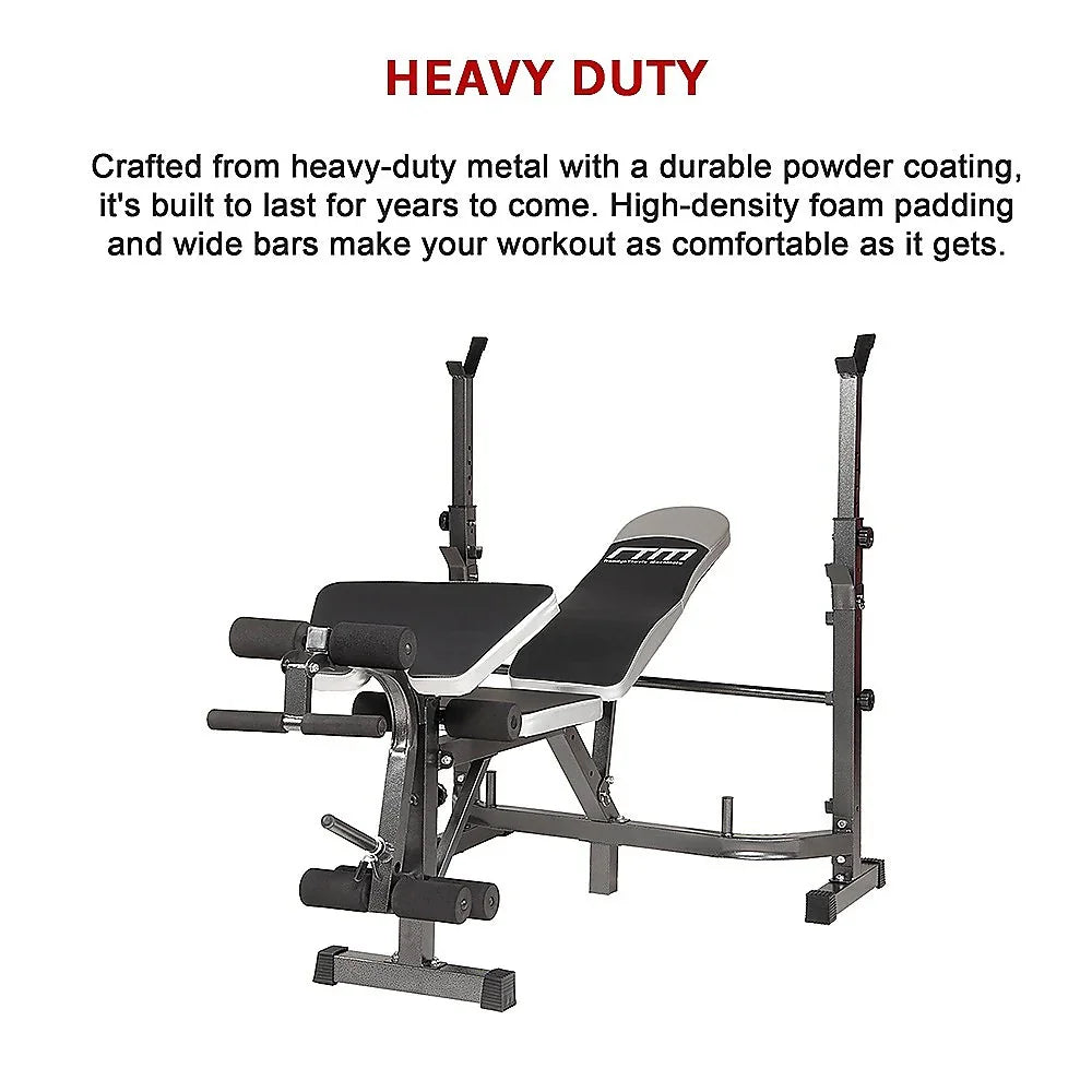 Heavy-duty adjustable weight bench with high-density foam padding and wide bars, gym equipment