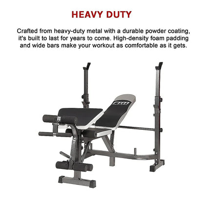 Heavy-duty adjustable weight bench with high-density foam padding and wide bars, gym equipment
