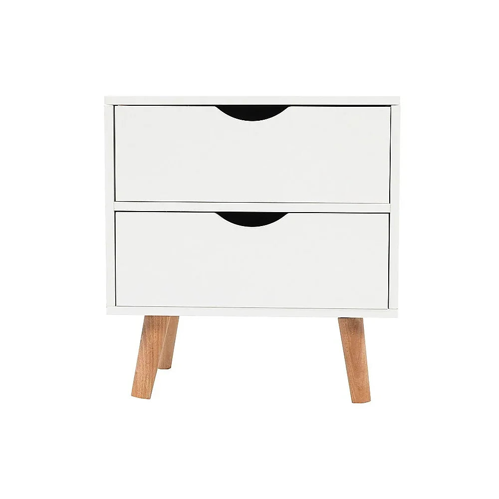 Modern white two-drawer nightstand with wooden legs, minimalist bedside table design