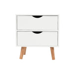 Modern white two-drawer nightstand with wooden legs, minimalist bedside table design