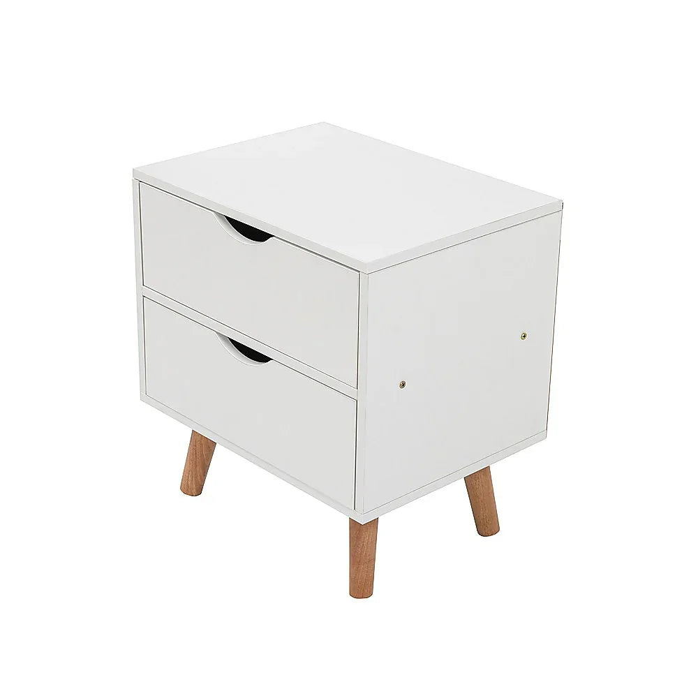 Modern white nightstand with two drawers and wooden legs, minimalist bedside table