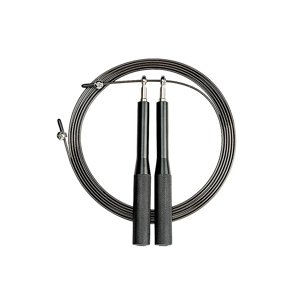 Black adjustable speed jump rope with metal handles and textured grips coiled on white background
