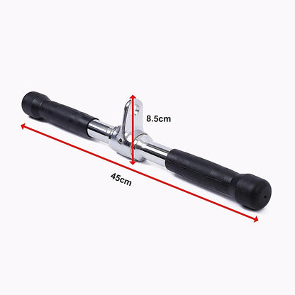 Lat pulldown bar with black rubber grips, chrome finish, 45cm wide, 8.5cm height labeled