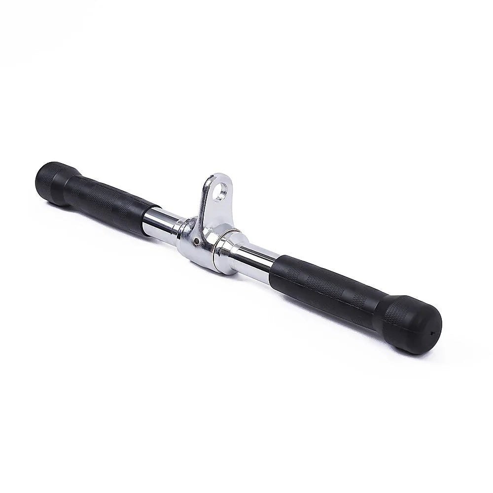 Chrome cable attachment straight bar with black rubber grips for gym equipment