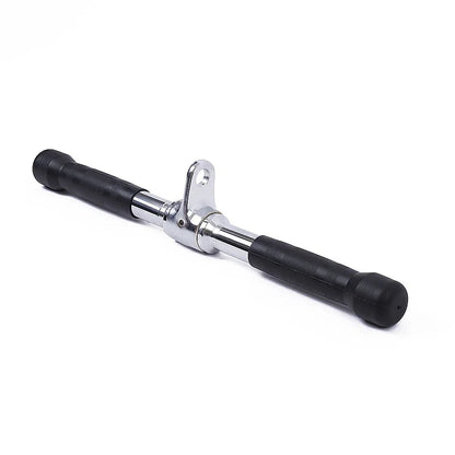 Chrome cable attachment straight bar with black rubber grips for gym equipment