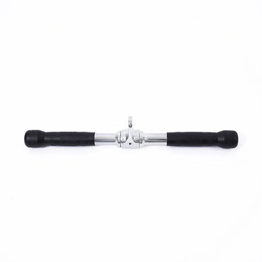 Chrome gym cable attachment with black rubber grips on white background