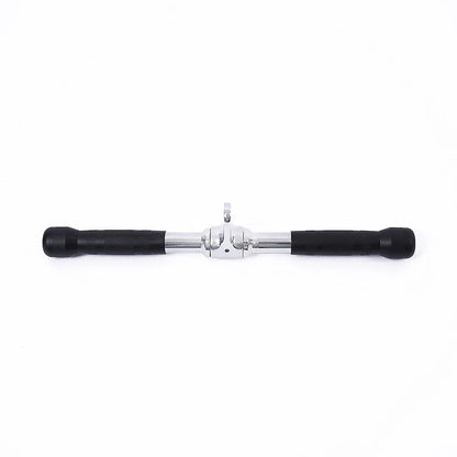 Chrome gym cable attachment with black rubber grips on white background