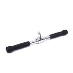 Straight chrome cable attachment bar with black rubber grips for gym workouts on white background