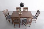 Modern wooden dining table set with six chairs, gray seats, black pendant lamp, and mugs