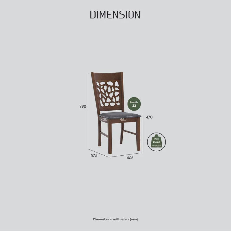Wooden dining chair with cutout backrest, dimension diagram, weight capacity 110kg