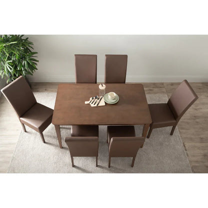 Brown dining table set with six chairs on rug, minimalist decor, modern dining room