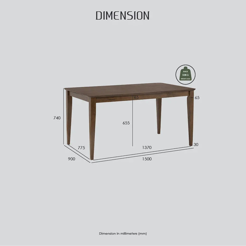 Wooden dining table dimensions chart, measurements in millimeters, weight capacity 50kg