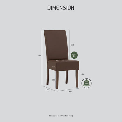 Brown upholstered dining chair dimensions, density 24, max weight 110kg, on white background