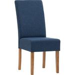 Modern blue upholstered dining chair with wooden legs, minimalist furniture design
