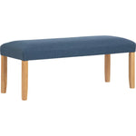 Modern blue fabric bench with light wood legs, minimalist upholstered seating