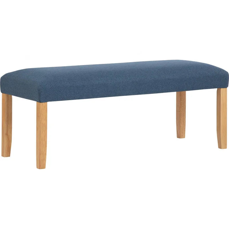 Modern blue fabric bench with light wood legs, minimalist upholstered seating