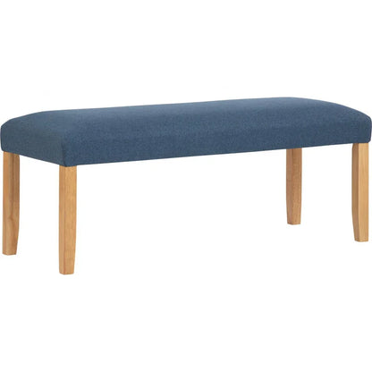 Modern blue fabric bench with light wood legs, minimalist upholstered seating