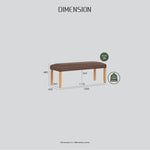 Brown upholstered bench with wooden legs, dimensions and max weight capacity shown